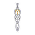 Celtic Goddess Aries Astrology Zodiac Sign Silver and Gold Accents Pendant with White Stone