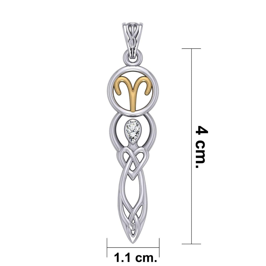 Celtic Goddess Aries Astrology Zodiac Sign Silver and Gold Accents Pendant with White Stone