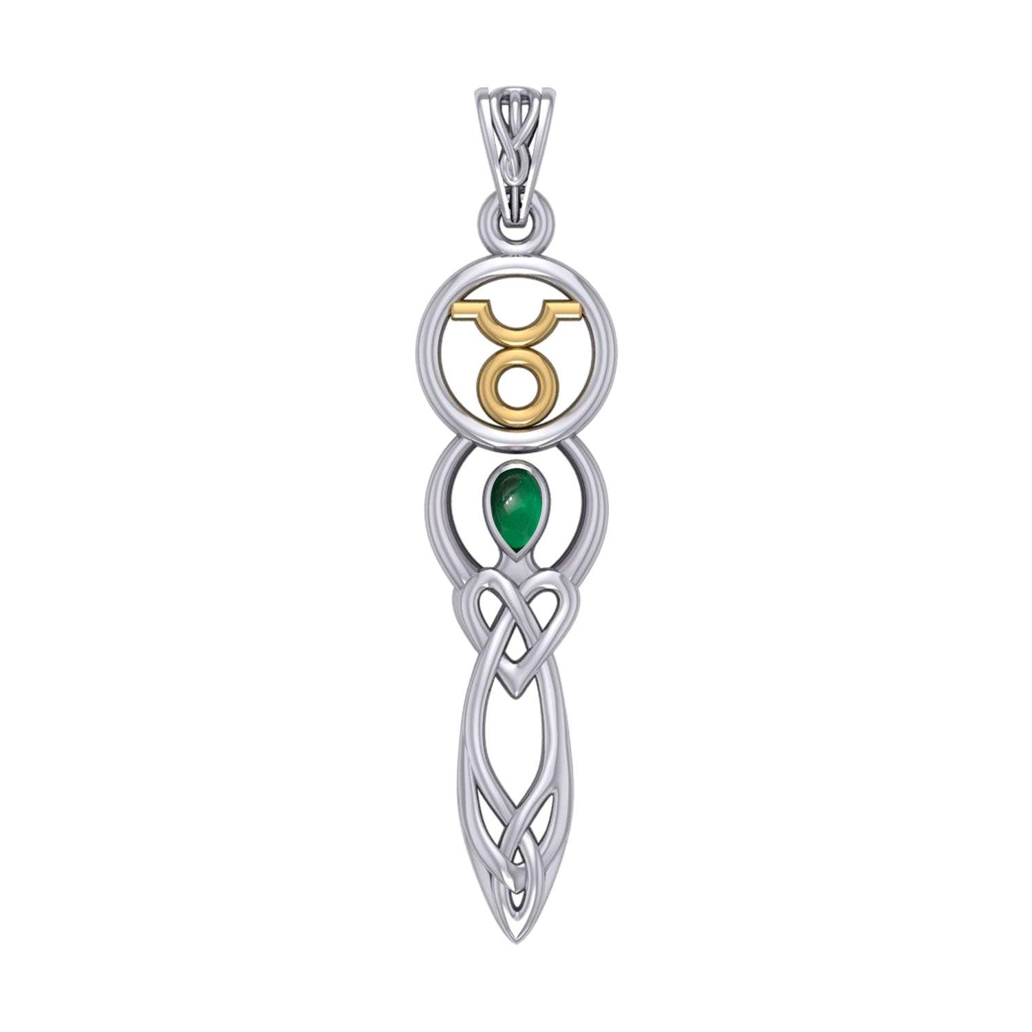 Celtic Goddess Taurus Astrology Zodiac Sign Silver and Gold Accents Pendant with Emerald