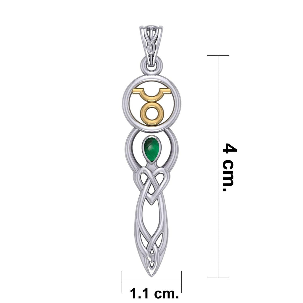 Celtic Goddess Taurus Astrology Zodiac Sign Silver and Gold Accents Pendant with Emerald