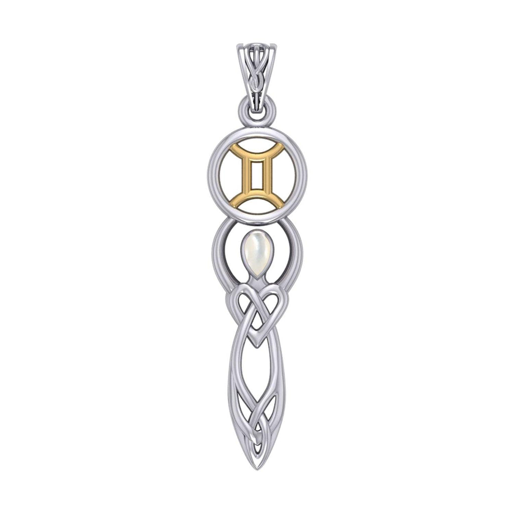 Celtic Goddess Gemini Astrology Zodiac Sign Silver and Gold Accents Pendant with Mother of Pearl
