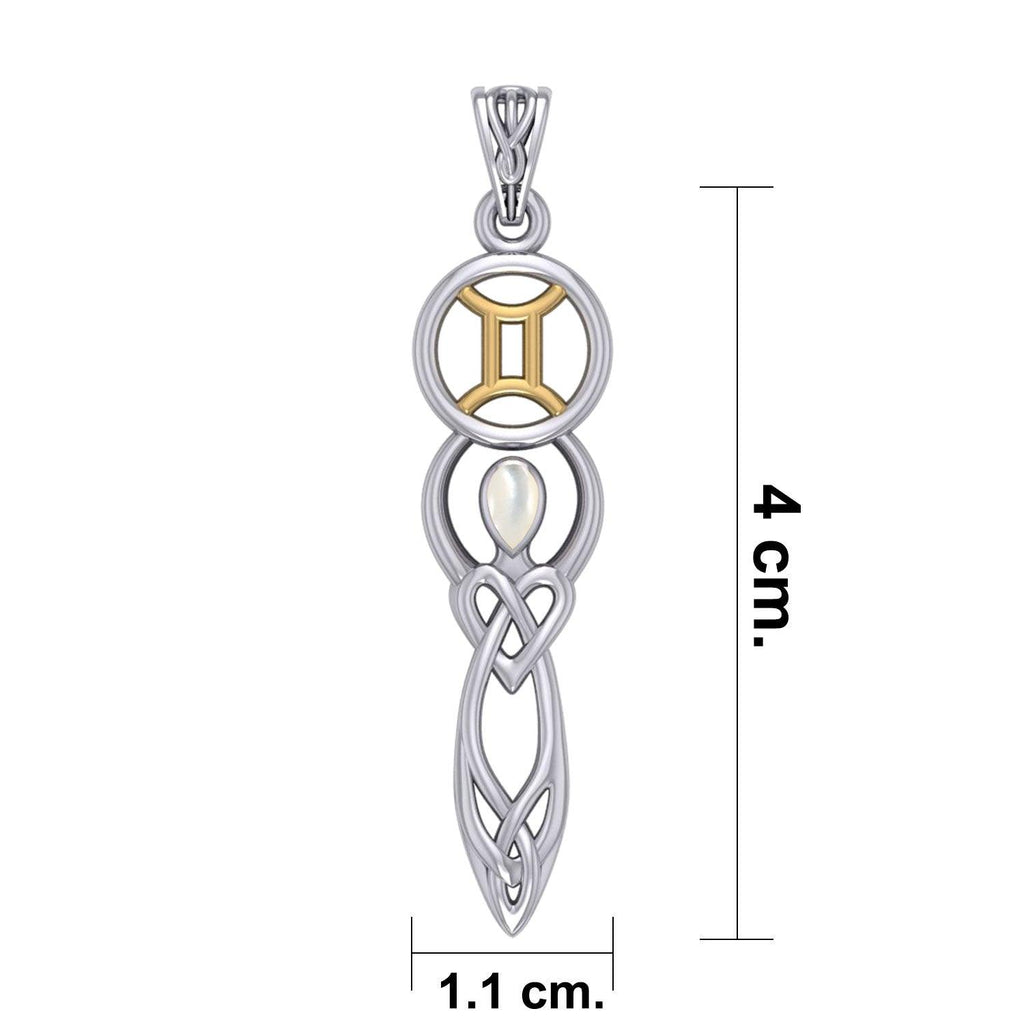 Celtic Goddess Gemini Astrology Zodiac Sign Silver and Gold Accents Pendant with Mother of Pearl