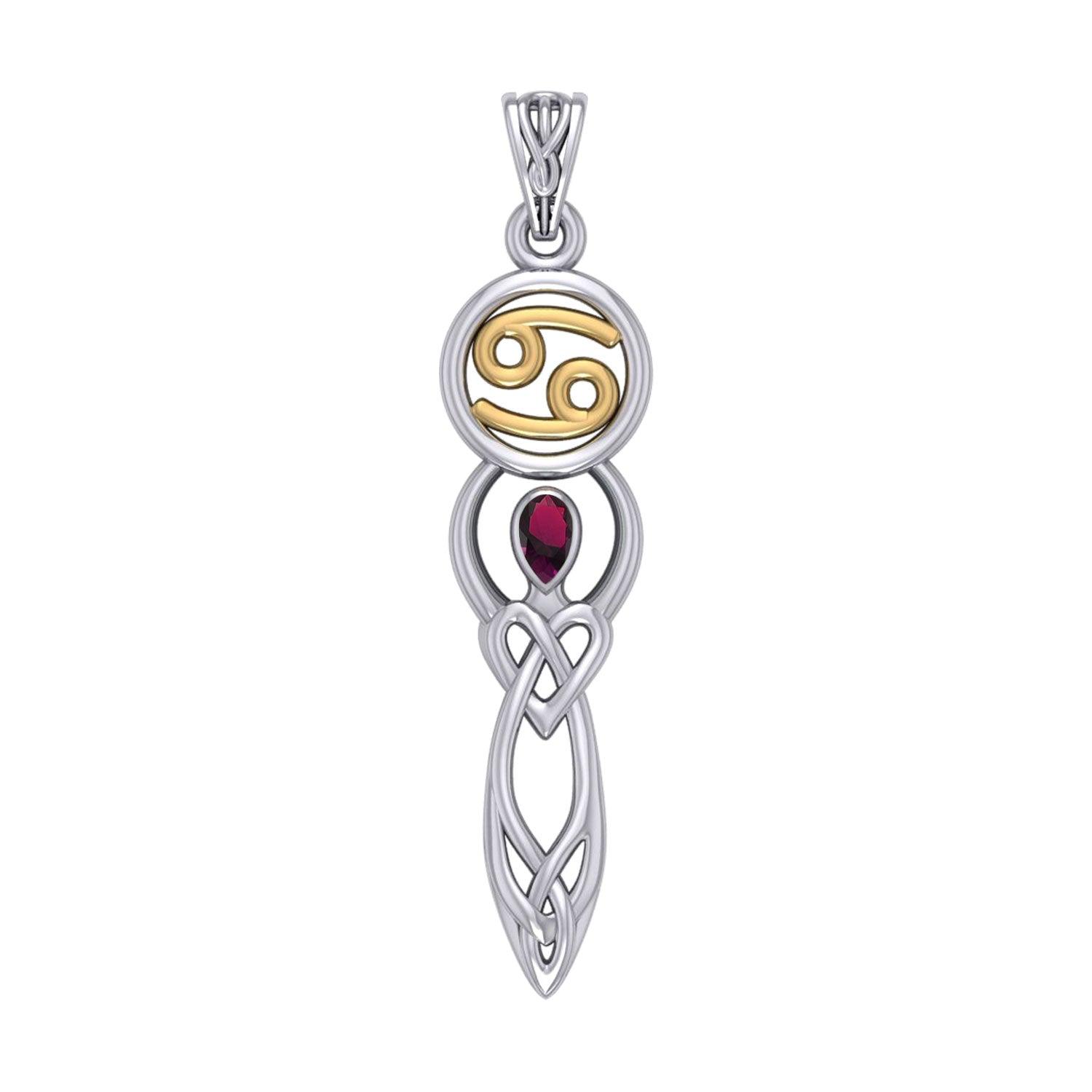 Celtic Goddess Cancer Astrology Zodiac Sign Silver and Gold Accents Pendant with Ruby