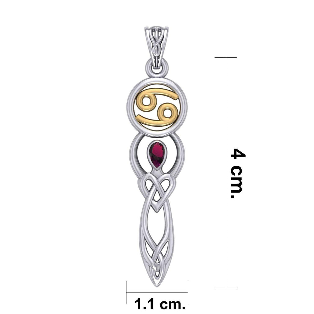 Celtic Goddess Cancer Astrology Zodiac Sign Silver and Gold Accents Pendant with Ruby