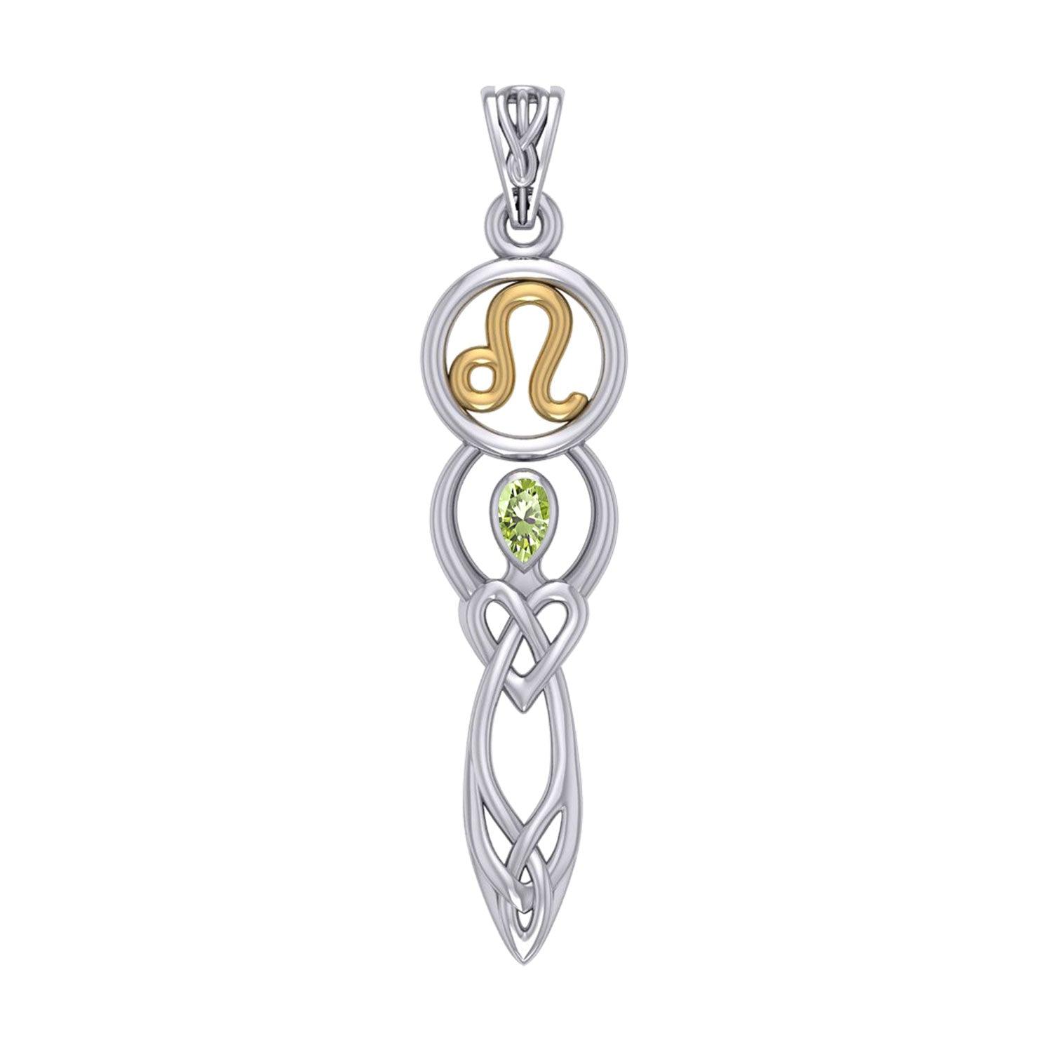 Celtic Goddess Leo Astrology Zodiac Sign Silver and Gold Accents Pendant with Peridot