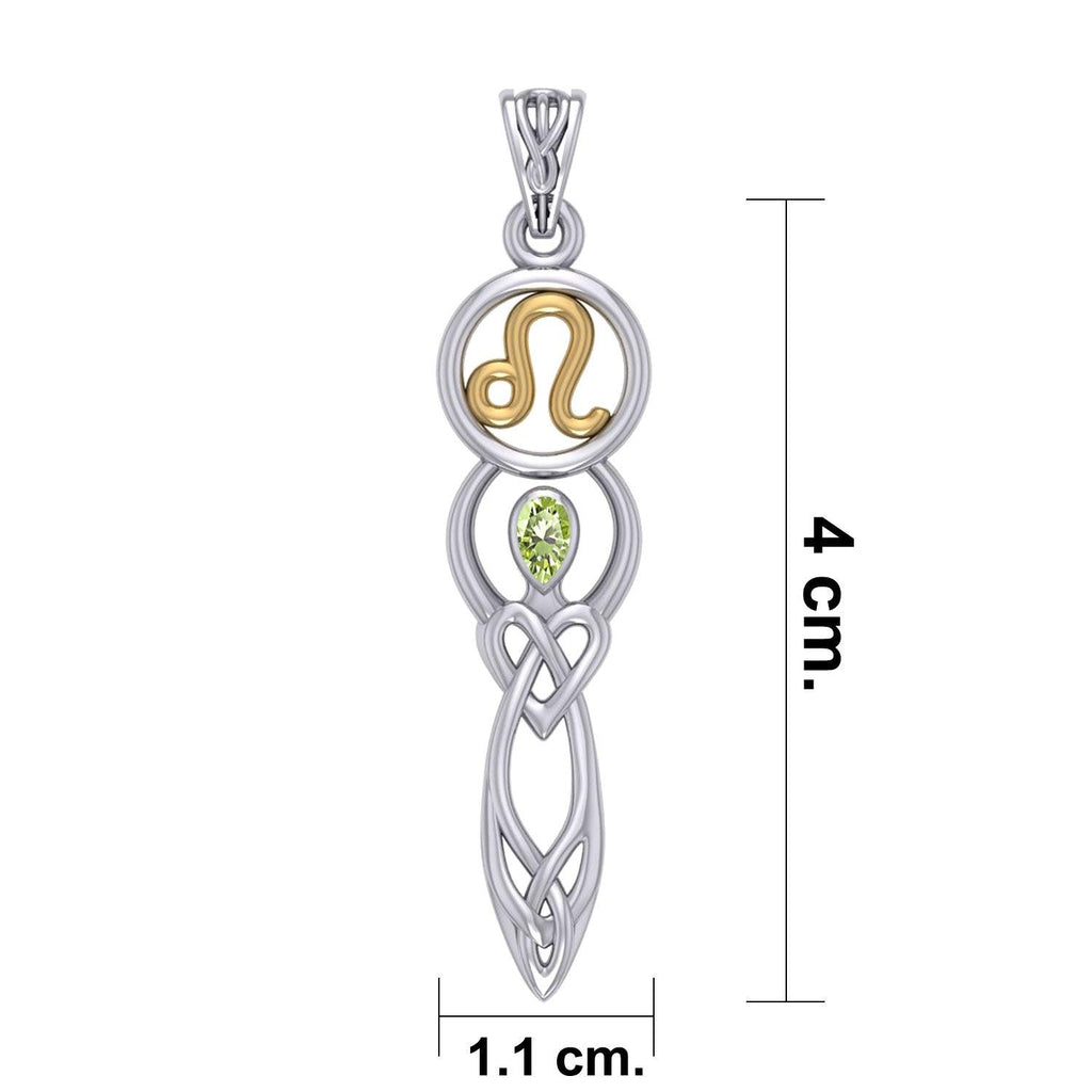 Celtic Goddess Leo Astrology Zodiac Sign Silver and Gold Accents Pendant with Peridot