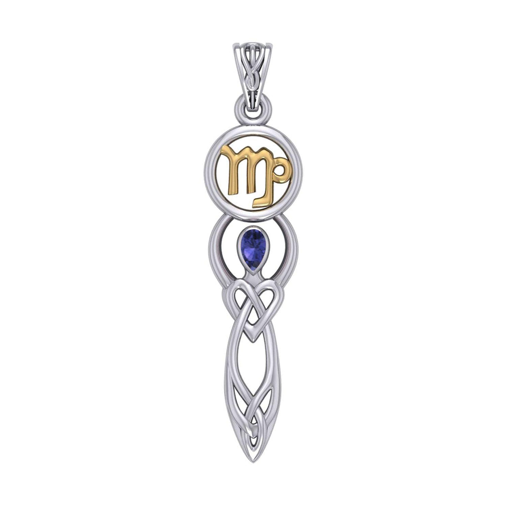 Celtic Goddess Virgo Astrology Zodiac Sign Silver and Gold Accents Pendant with Sapphire