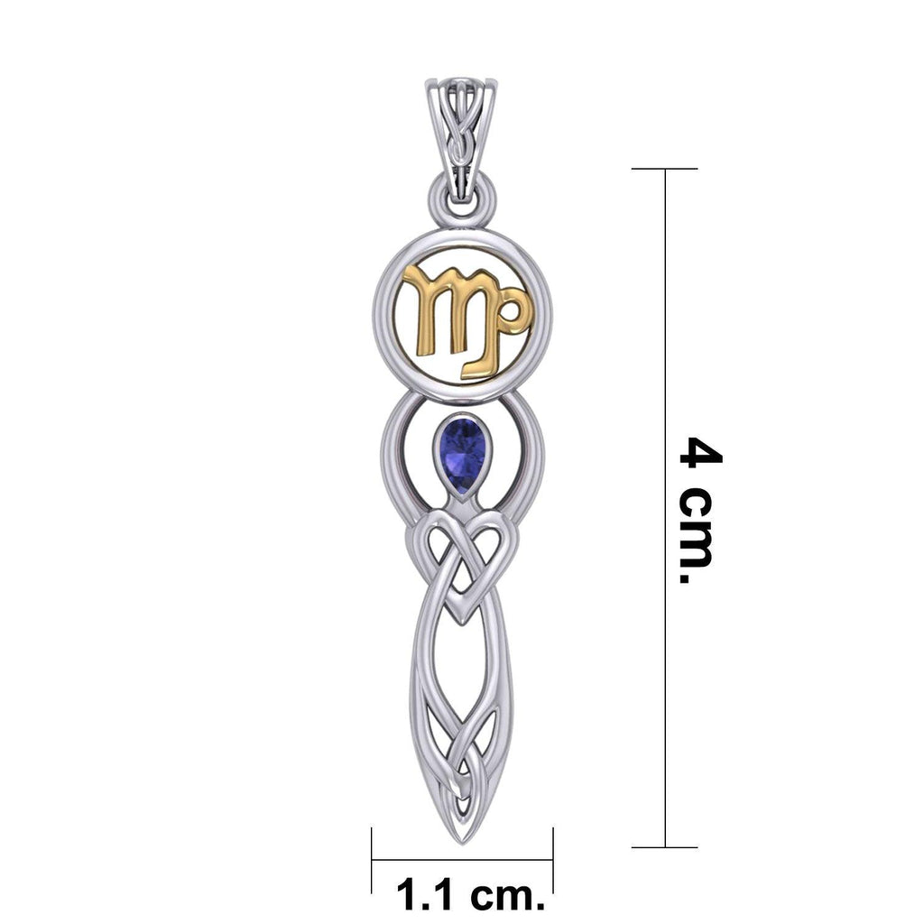 Celtic Goddess Virgo Astrology Zodiac Sign Silver and Gold Accents Pendant with Sapphire