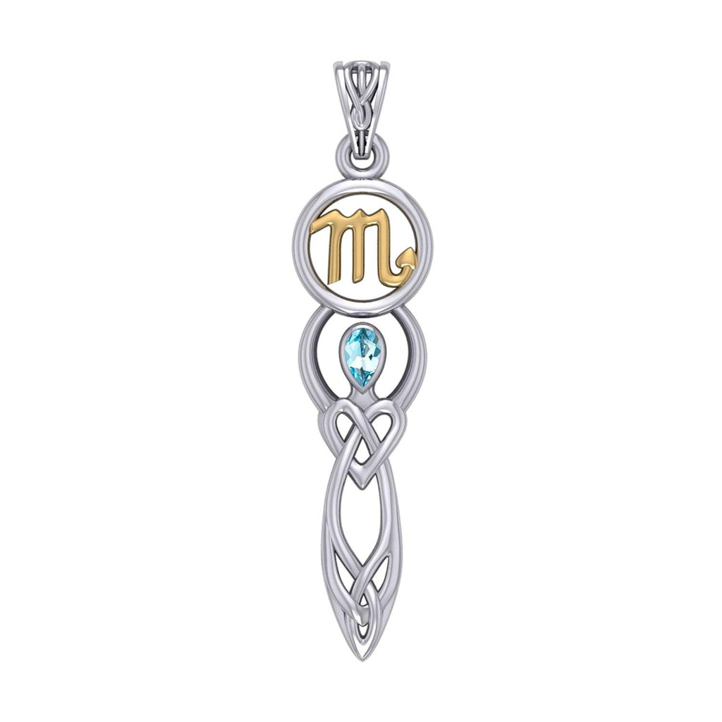 Celtic Goddess Scorpio Astrology Zodiac Sign Silver and Gold Accents Pendant with Blue Topaz