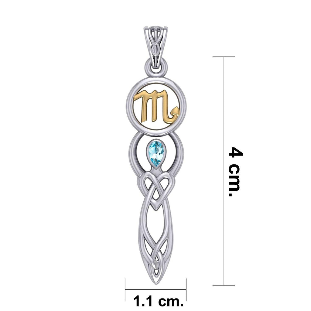 Celtic Goddess Scorpio Astrology Zodiac Sign Silver and Gold Accents Pendant with Blue Topaz