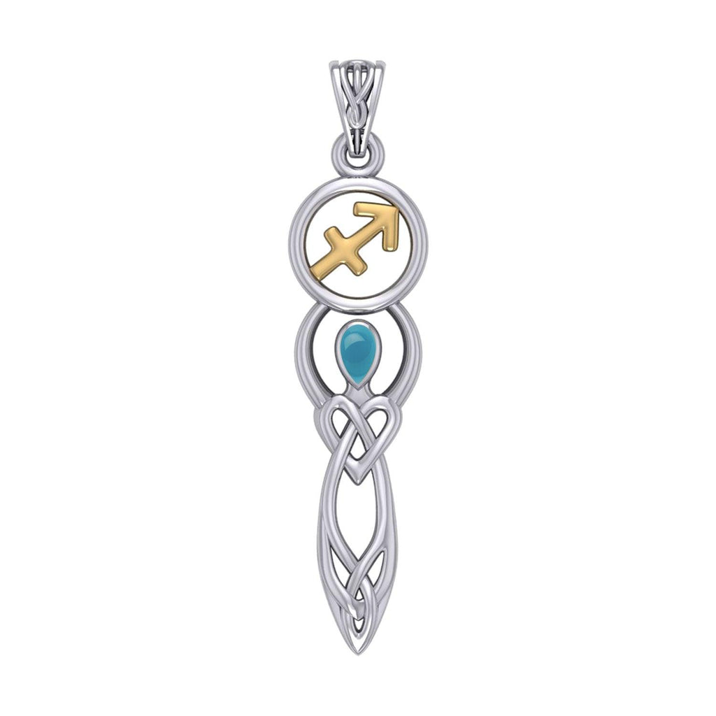 Celtic Goddess Sagittarius Astrology Zodiac Sign Silver and Gold Accents Pendant with Turquoise