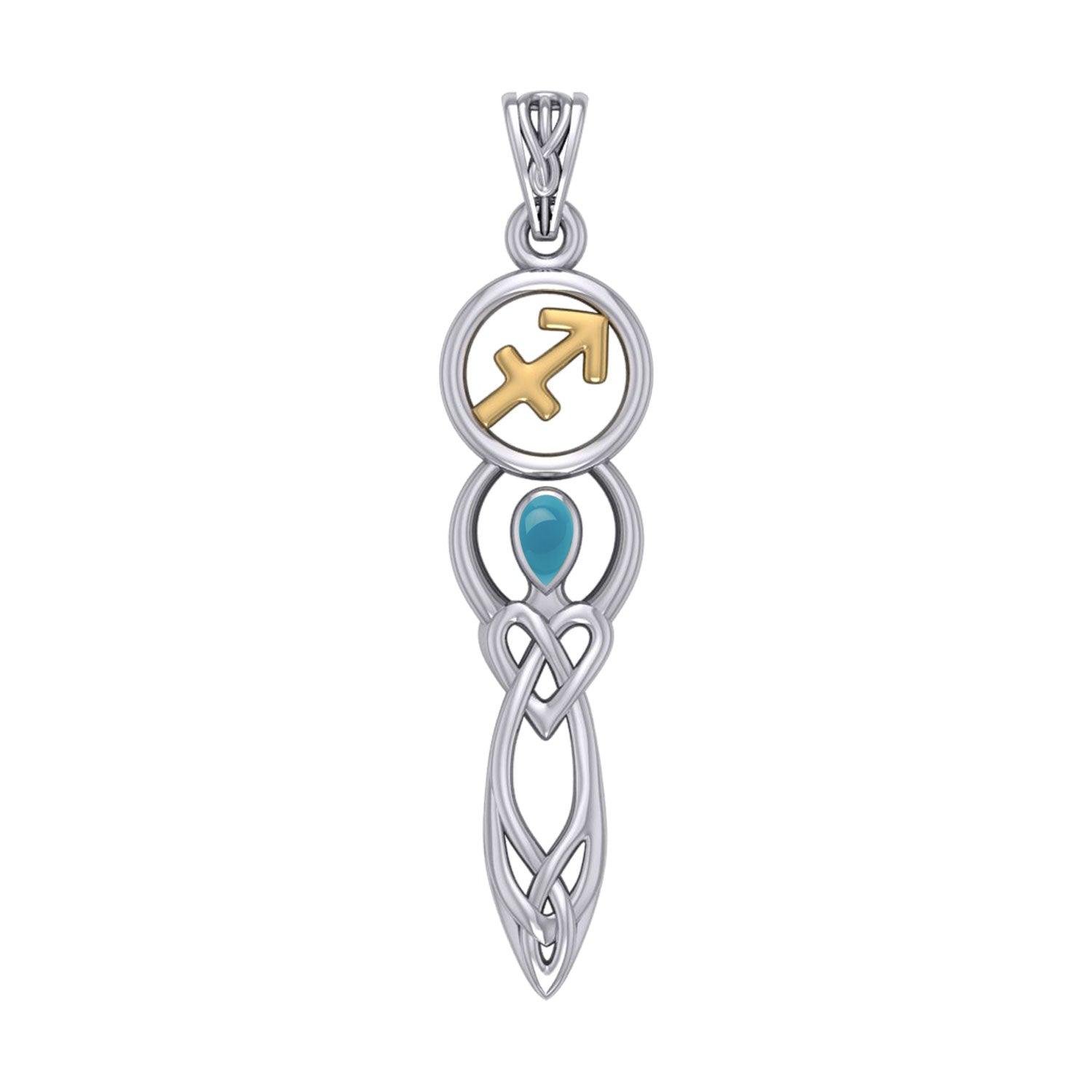 Celtic Goddess Sagittarius Astrology Zodiac Sign Silver and Gold Accents Pendant with Turquoise
