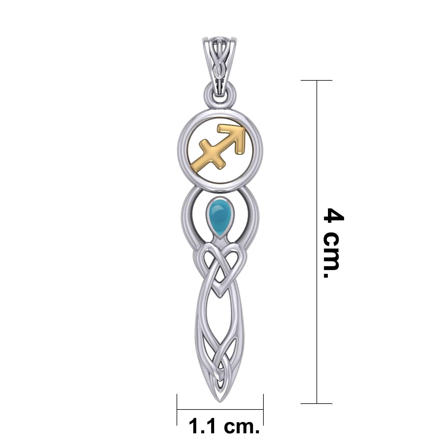 Celtic Goddess Sagittarius Astrology Zodiac Sign Silver and Gold Accents Pendant with Turquoise
