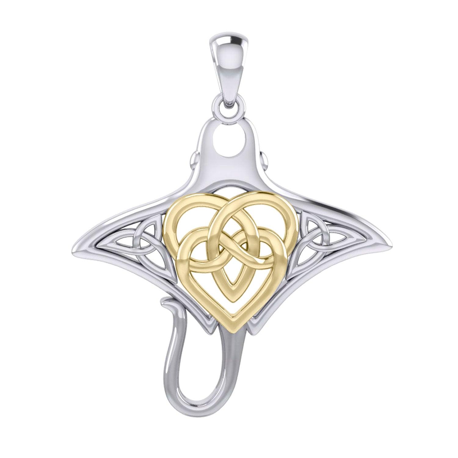 Manta Ray with 14K Gold Accent Celtic Heart in the Center Silver Pendant