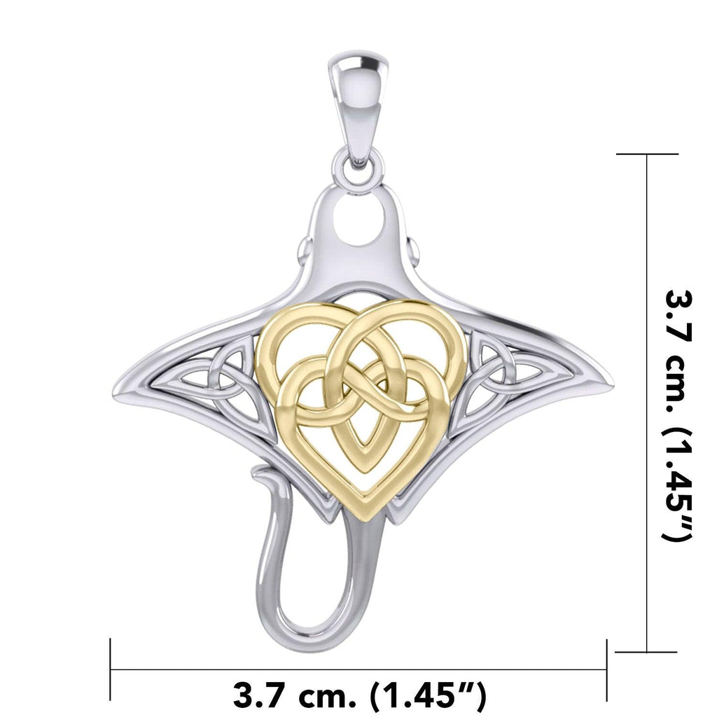 Manta Ray with 14K Gold Accent Celtic Heart in the Center Silver Pendant