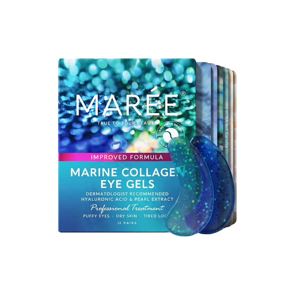 Marée Marine Collagen Eye Gels packaging box with several blue and teal gel patches displayed in front on a clean white background.