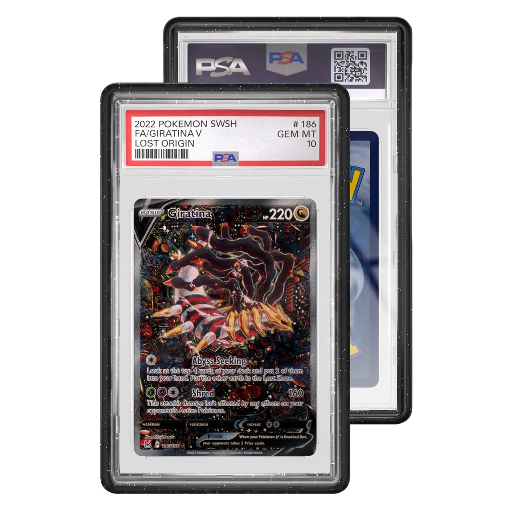 Pokémon Lost Origin Giratina trading card in a PSA holder with visible grading label
