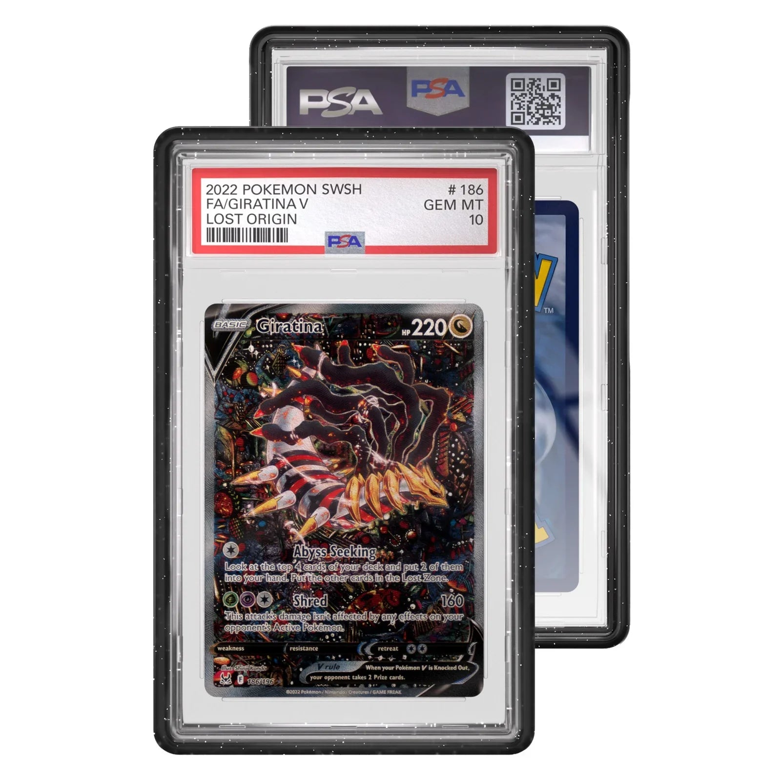 Pokémon Lost Origin Giratina trading card in a PSA holder with visible grading label