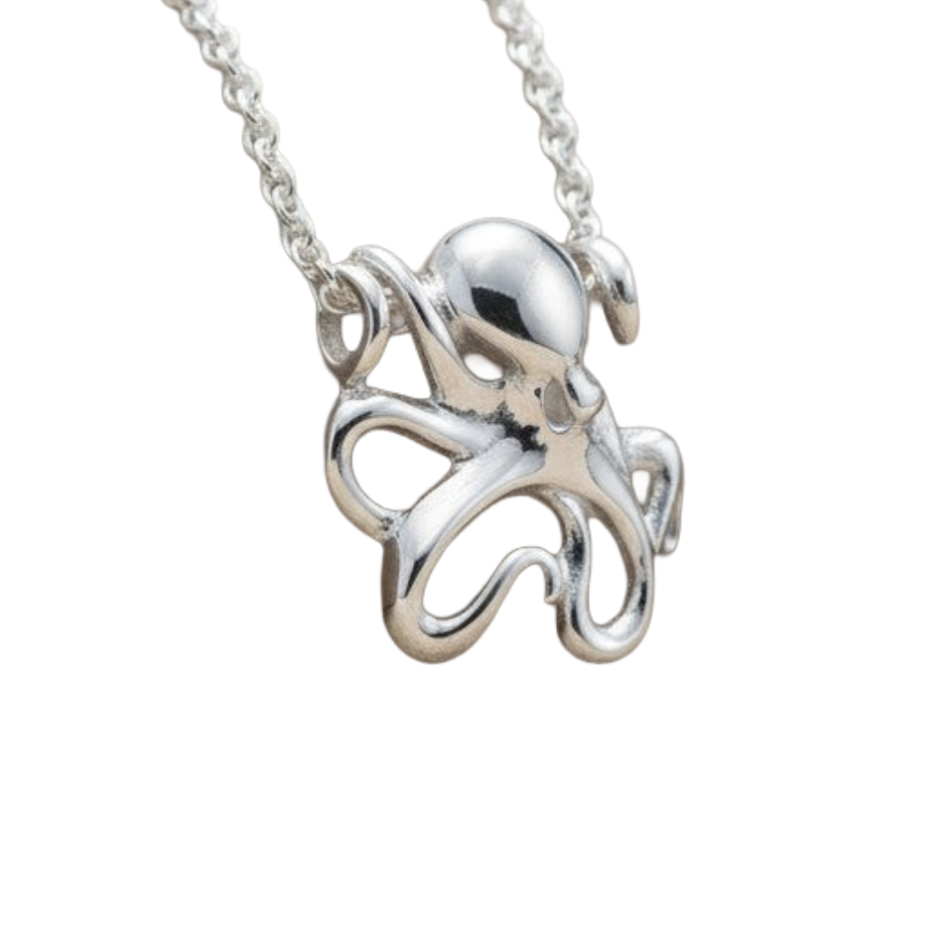 Intricate Jewelry Silver octopus divesilver pendant and chain link necklace 