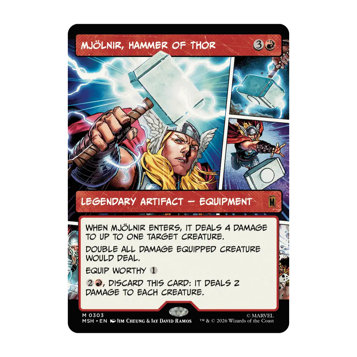 A Magic: The Gathering trading card for Mjölnir, Hammer of Thor, featuring artwork of Thor holding his hammer with lightning in the background. The card has a black border, red header, and white text box, with Wizards of the Coast branding at the bottom.