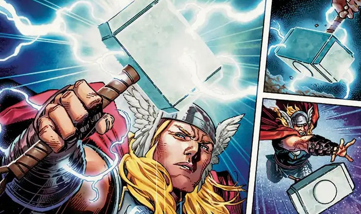 Comic-style illustration of Thor holding Mjolnir, with lightning effects and two smaller inset panels showing additional action views.