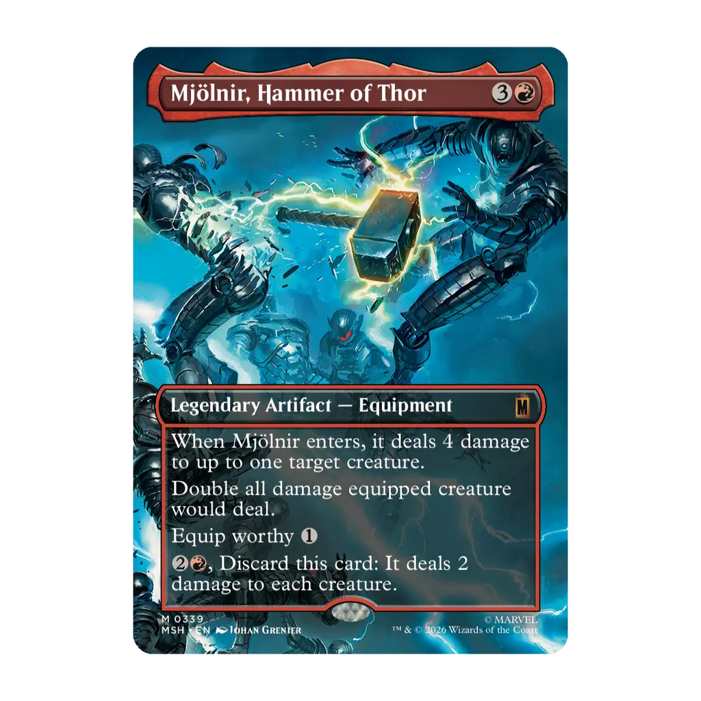 A Magic The Gathering trading card titled Mjölnir, Hammer of Thor shown on a plain white background. The card features blue-toned artwork of armored figures around a glowing hammer