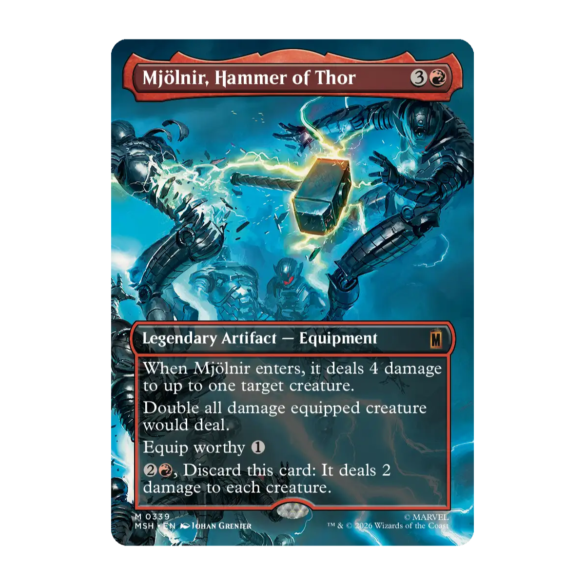 A Magic The Gathering trading card titled Mjölnir, Hammer of Thor shown on a plain white background. The card features blue-toned artwork of armored figures around a glowing hammer