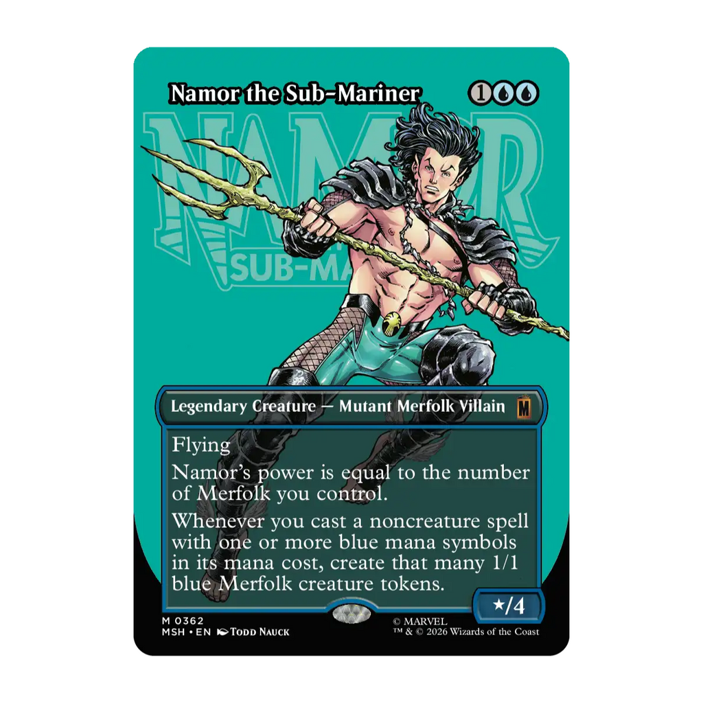 A single magic gathering trading card featuring the character Namor the Sub-Mariner on a teal card. Visible text includes 'Namor the Sub-Mariner' and '100'.