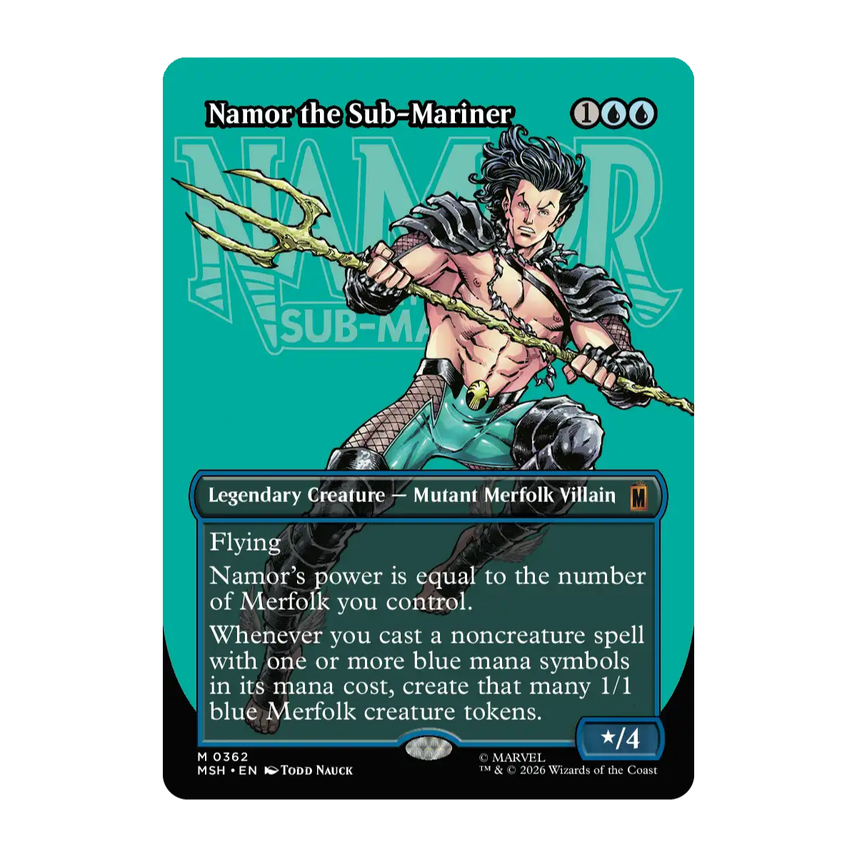 A single magic gathering trading card featuring the character Namor the Sub-Mariner on a teal card. Visible text includes 'Namor the Sub-Mariner' and '100'.
