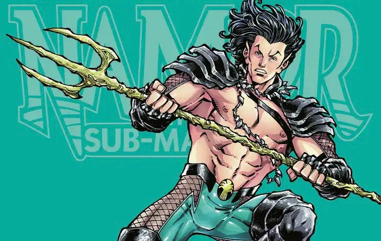 Comic-style illustration of a Namor Sub Mariner underwater hero holding a golden trident, with large stylized letters in the background and the text 'Namor Sub Mariner' visible.