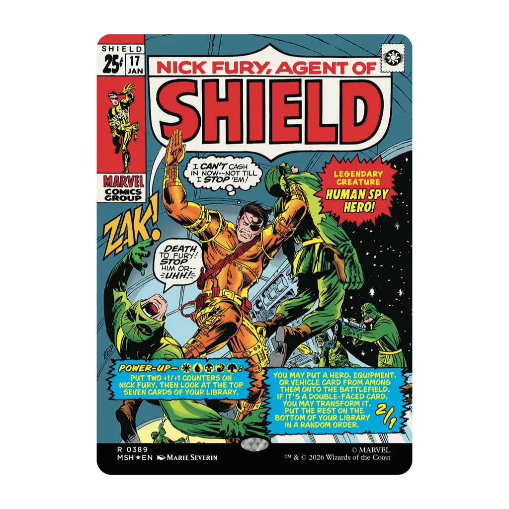 A rectangular metal tin sign featuring a vintage comic book cover for Marvel's Nick Fury, Agent of Shield, Issue 