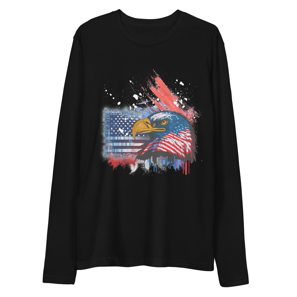 Black long-sleeve shirt with American flag eagle and graffiti splattered paints design on a transparent background