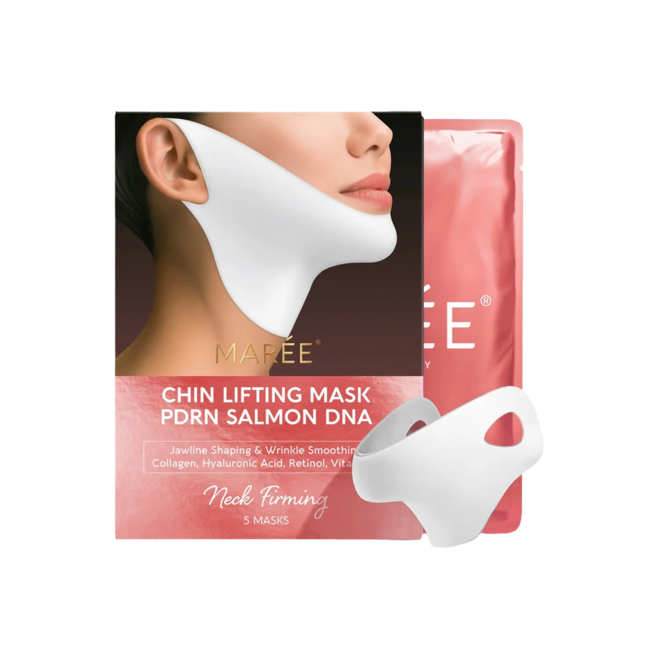 Maree PDRN Salmon DNA Chin Lifting Mask packaging with a pink pouch and box, alongside two white contoured chin masks shown on a clean white background.