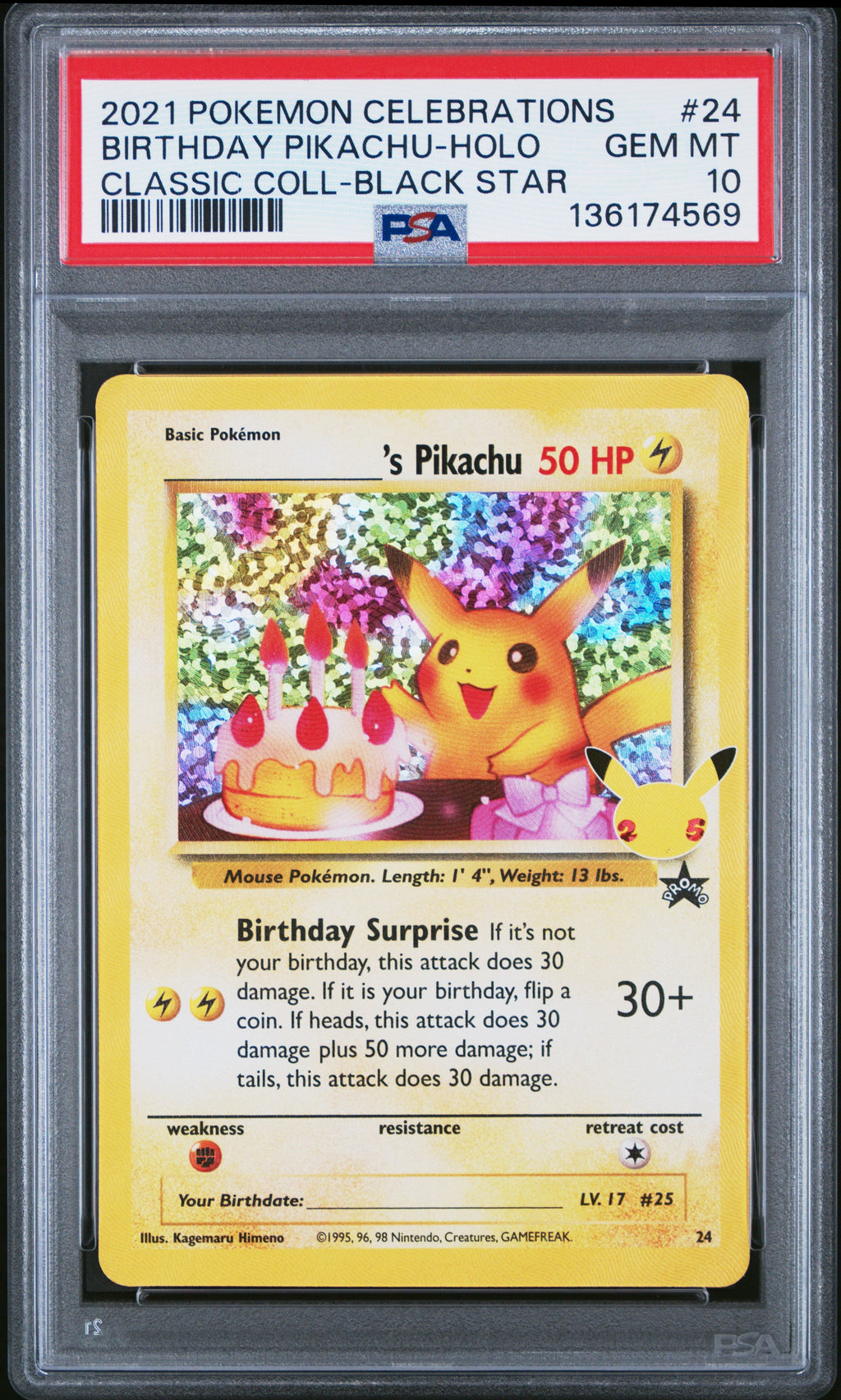 PSA 10 2021 Pokémon TCG Pikachu Celebrations Birthday Pikachu #24 Classic Collection Black Star Promo Random Cert