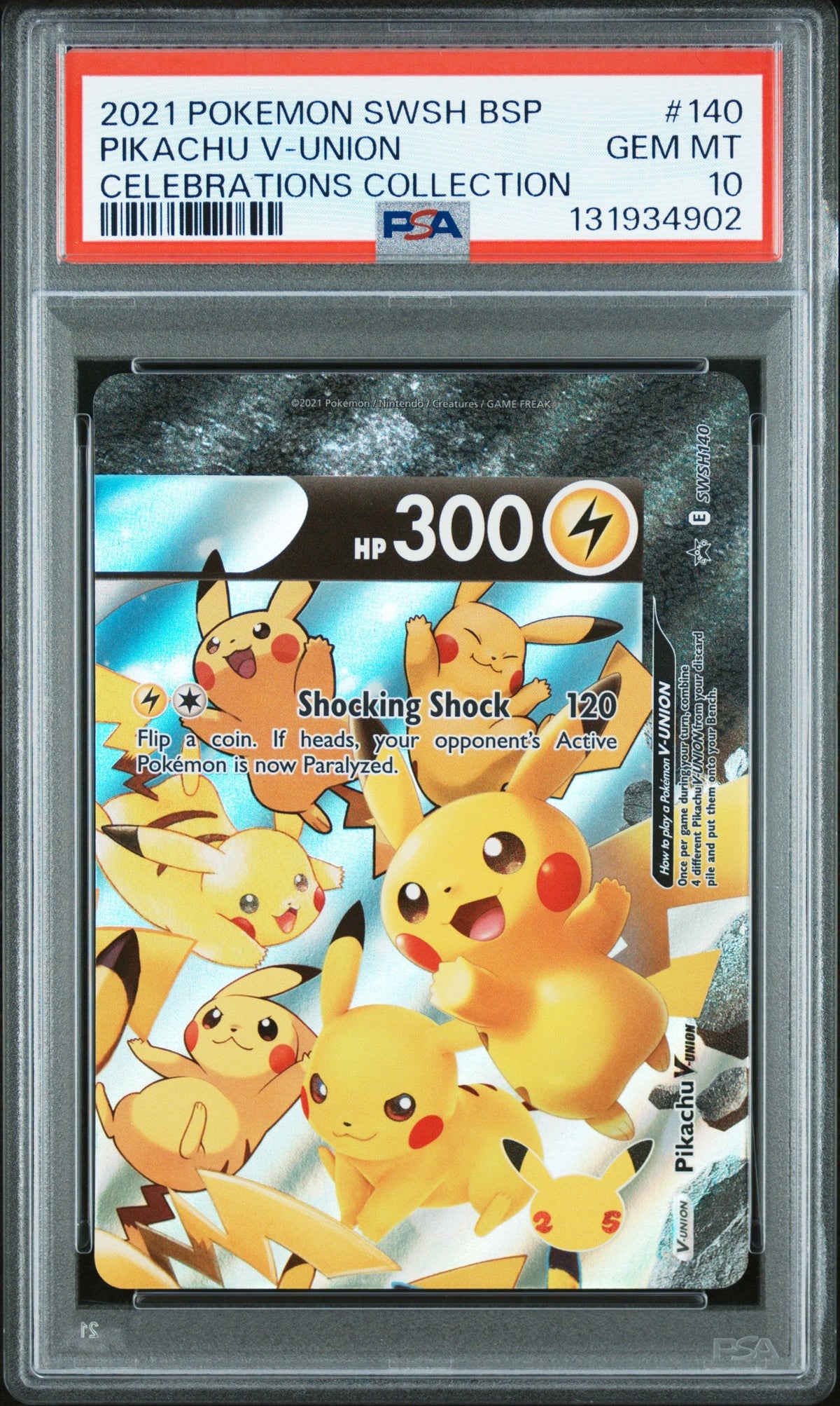 Pokémon trading card featuring Pikachu V-Union in a protective case with PSA certification label.