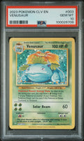 Venusaur trading card from 2023 Pokemon CLV EN set in a PSA holder