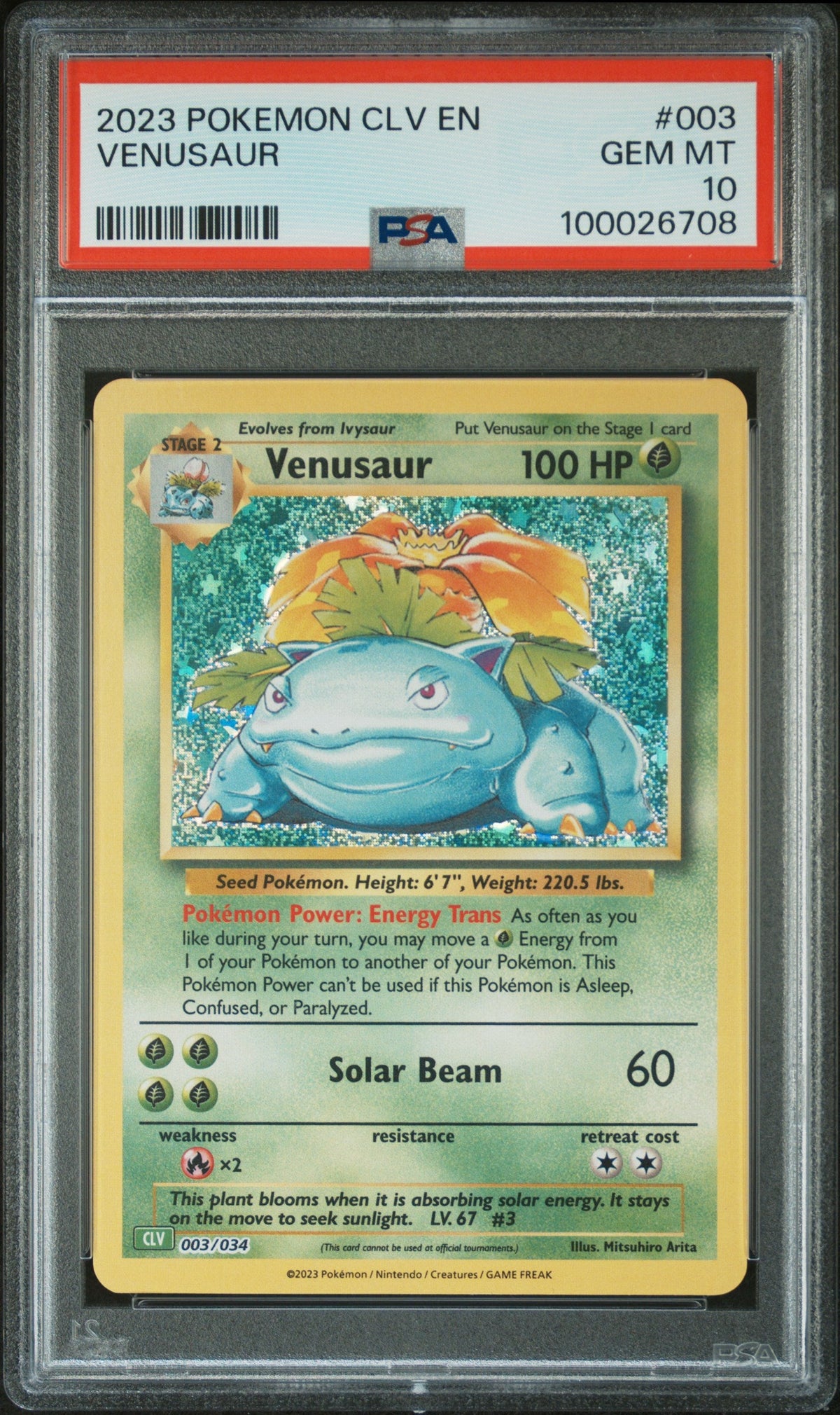 Venusaur trading card from 2023 Pokemon CLV EN set in a PSA holder