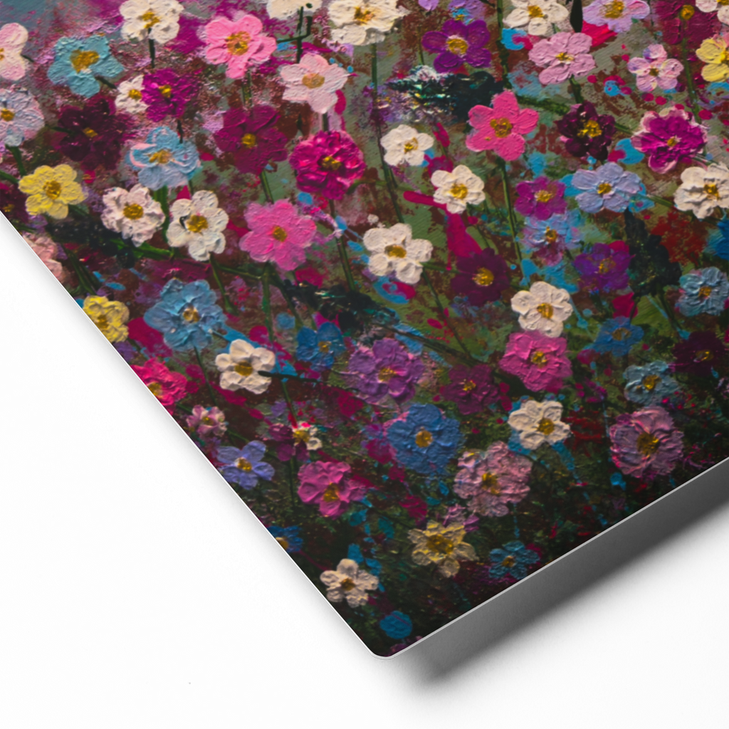 Close-up of a vibrant floral pattern with various colors simulating a textured surface on Aluminum Print.