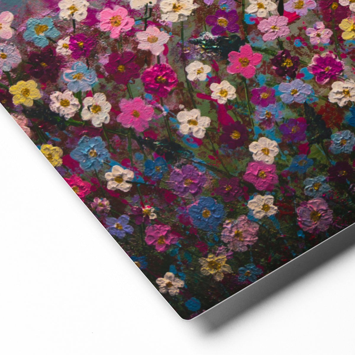 Close-up of a vibrant floral pattern with various colors simulating a textured surface on Aluminum Print.