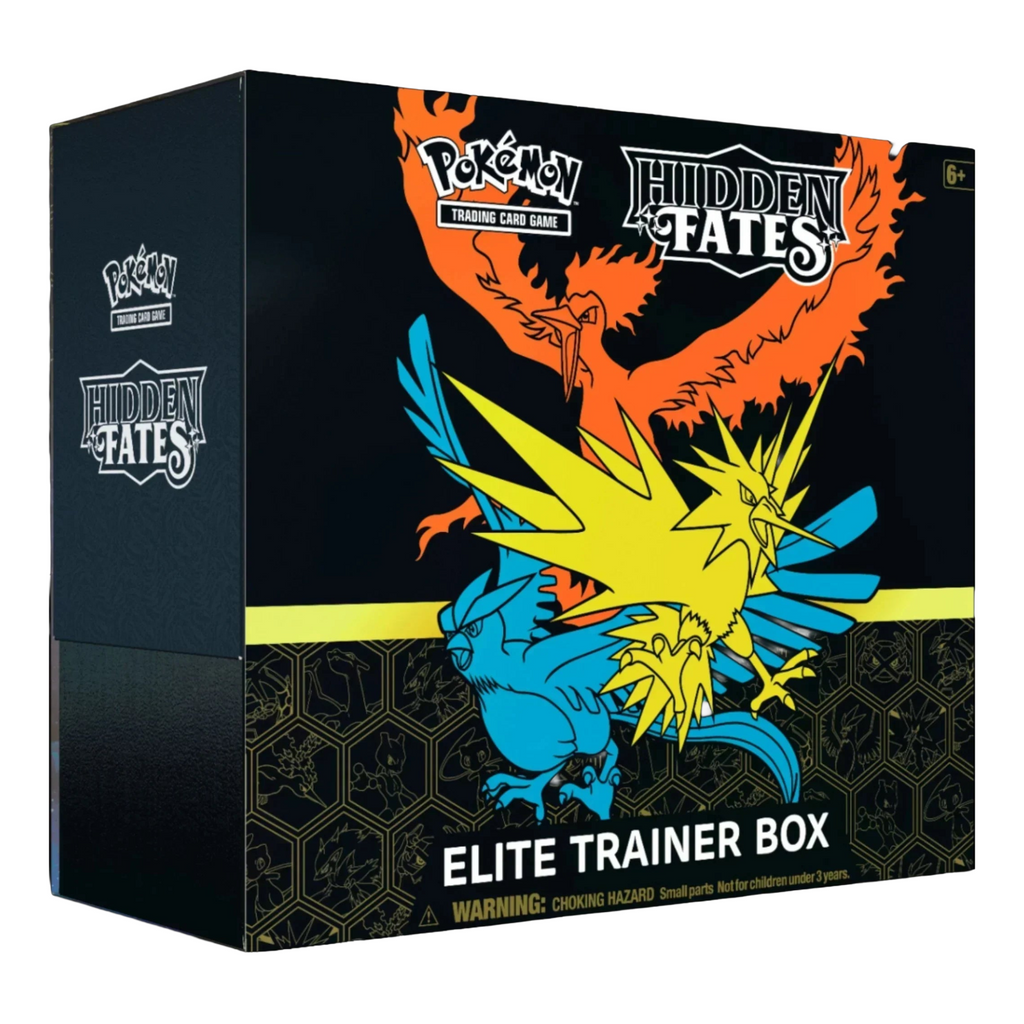 Pokémon Trading Card Game Hidden Fates Elite Trainer Box packaging with Pokémon Kanto Phoenix Legendary Birds Moltres Articuno Zapdos 