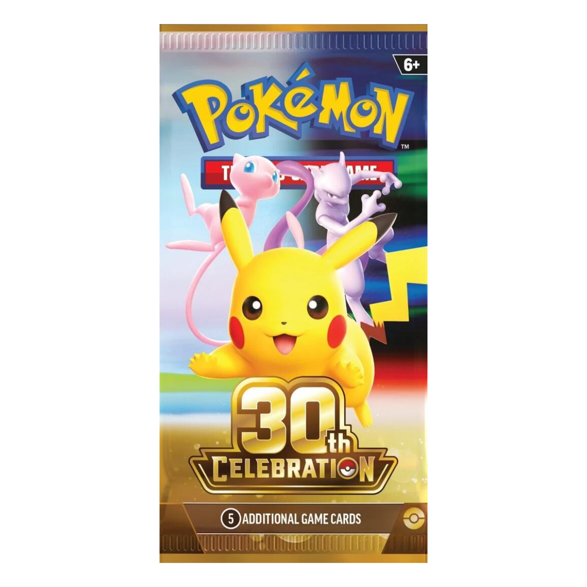 Pokémon 30th Celebration booster pack box featuring Pikachu, Mew, and Mewtwo on the front, with ‘30th Celebration’ Theme Set Artwork; contains 5 random playing cards.