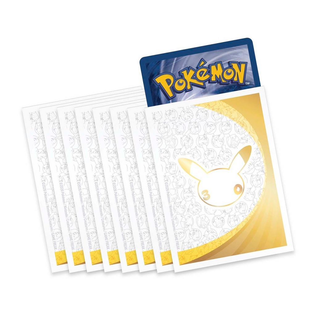 A set of Pokémon trading card sleeves or card backs fanned out on a white background, with one card back prominently displayed showing the Pokémon logo in blue and yellow and a gold Pikachu illustration.