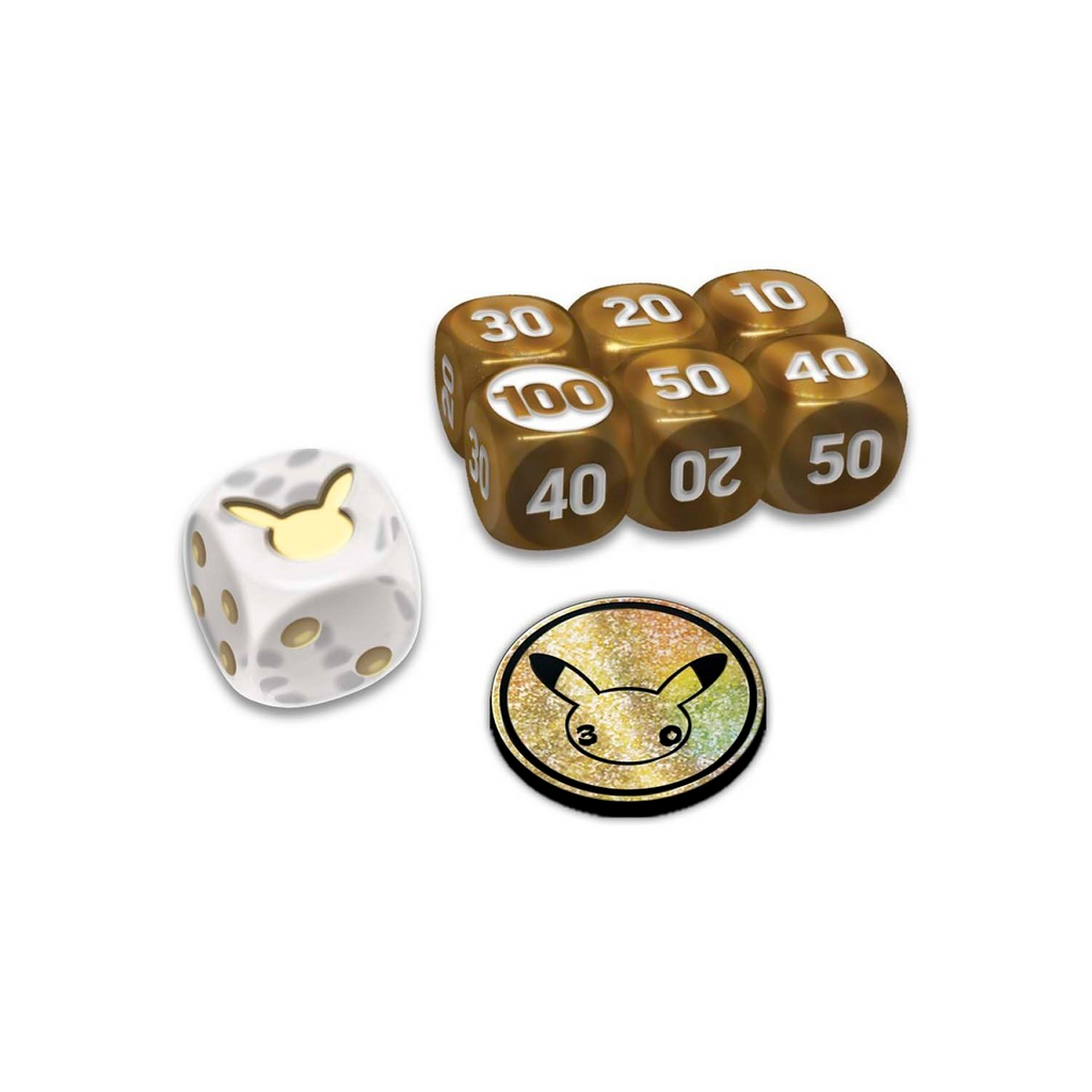 A set of Pokémon-themed polyhedral dice and a coin featuring Pikachu, shown on a plain white background. The set includes metallic gold 30-sided, 20-sided, 10-sided, 40-sided, and 50-sided dice, a white 100-sided die with a gold Pikachu head, and a round holographic glitter coin.