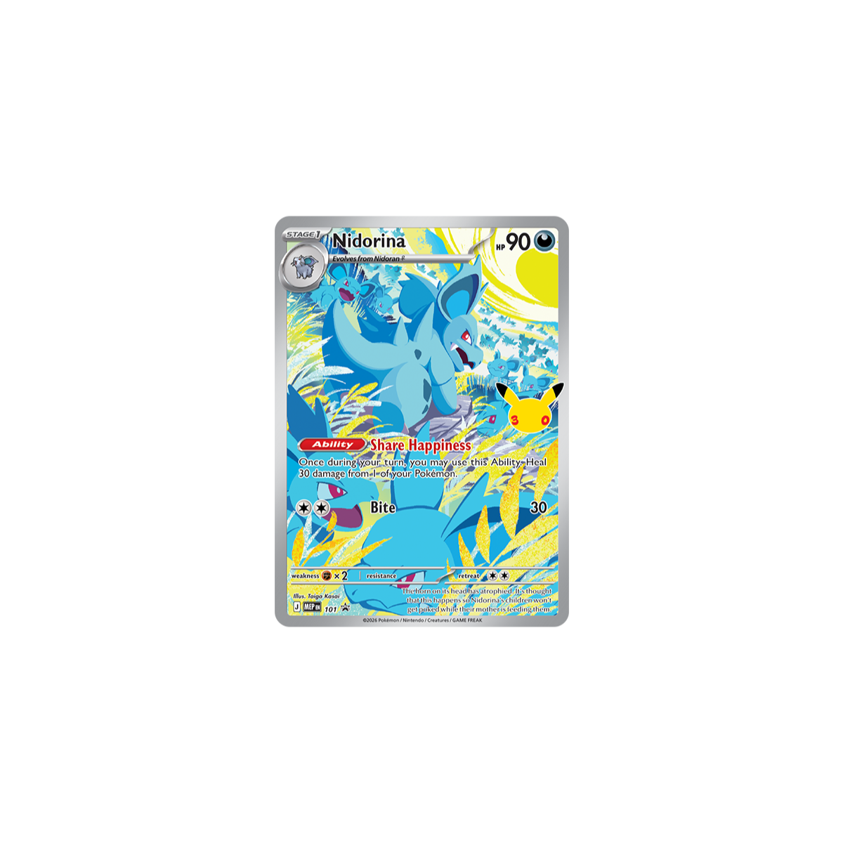 A single Pokémon trading card featuring Nidorina, a blue poison-type creature, centered on a plain white background. The card has a silver border, blue and yellow artwork, and visible Pokémon branding and card text.