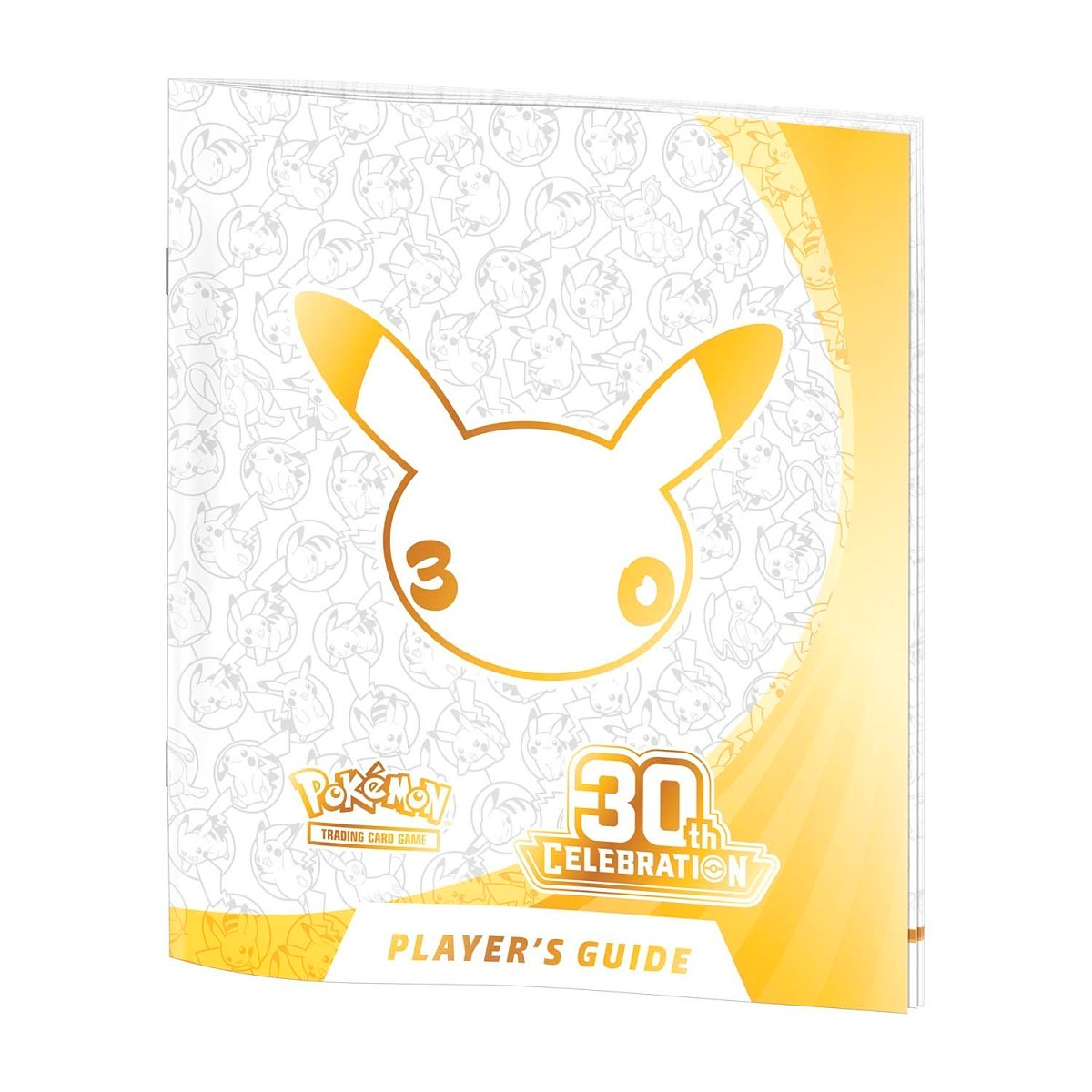 Pokémon TCG 30th Celebration Player's Guide book cover, featuring a large gold Pikachu outline on a white background with light character sketches and a yellow curved design element.