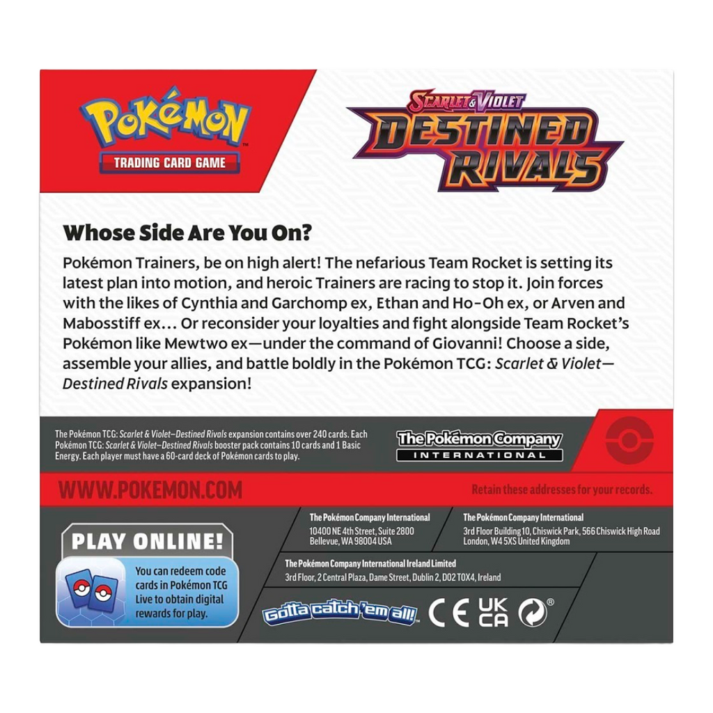 A Pokémon Trading Card Game Scarlet & Violet Destined Rivals expansion box insert card, detailing the 'Whose Side Are You On?' team choice between Team Rocket and the Pokémon Company International.