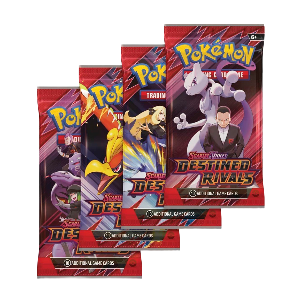 Four Pokémon Scarlet & Violet Destined Rivals trading card booster packs fanned out on a white background, showing characters like Mewtwo, Garchomp, Ho-Oh, Arbok, Weezing
