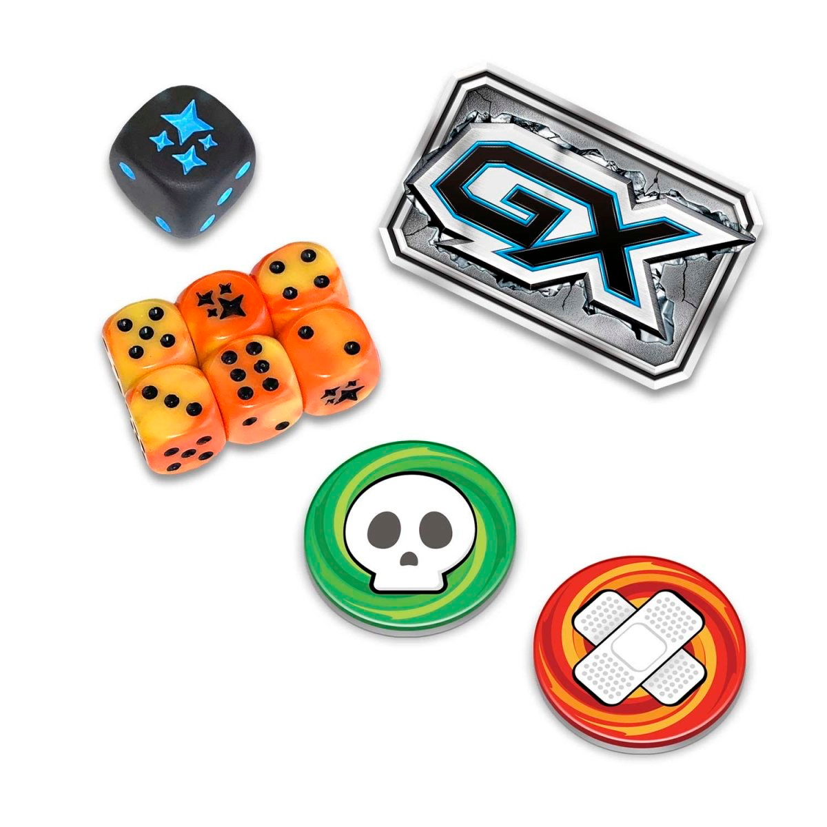 Collection of dice and gaming accessories with a prominent 'GX' logo Coin Game Die Counter