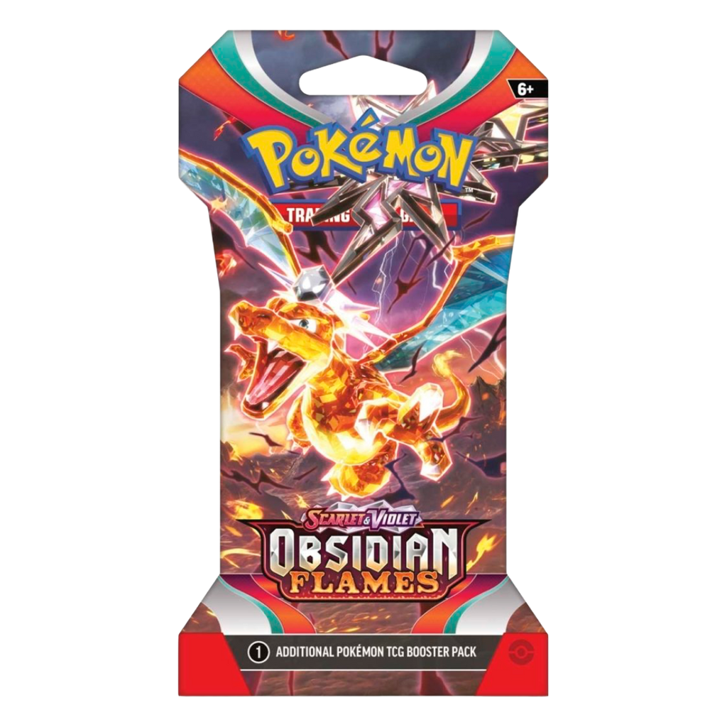 Pokémon trading card game booster pack with Charizard illustration