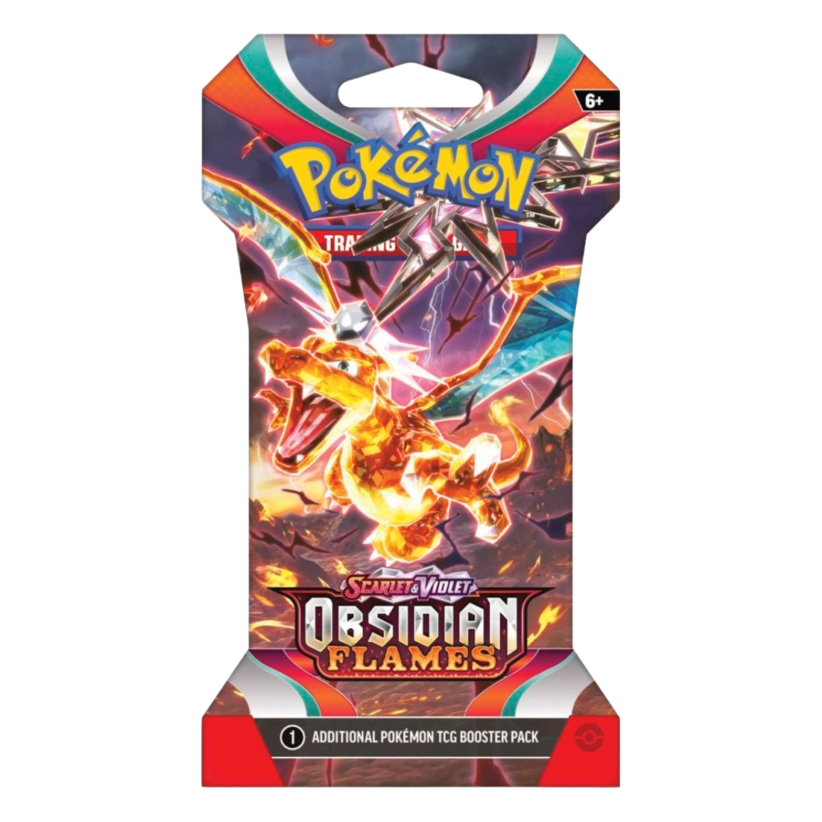 Pokémon trading card game booster pack with Charizard illustration